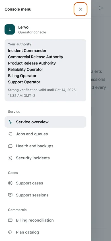Console overview · navigation open. The service operator's console, with its own sign-in and a second factor. It shows service health and the areas the operator's permissions open, never customer content. This demo server does not run scheduled tasks, so the console shows ‘Degraded’. The phone navigation is open in this view.