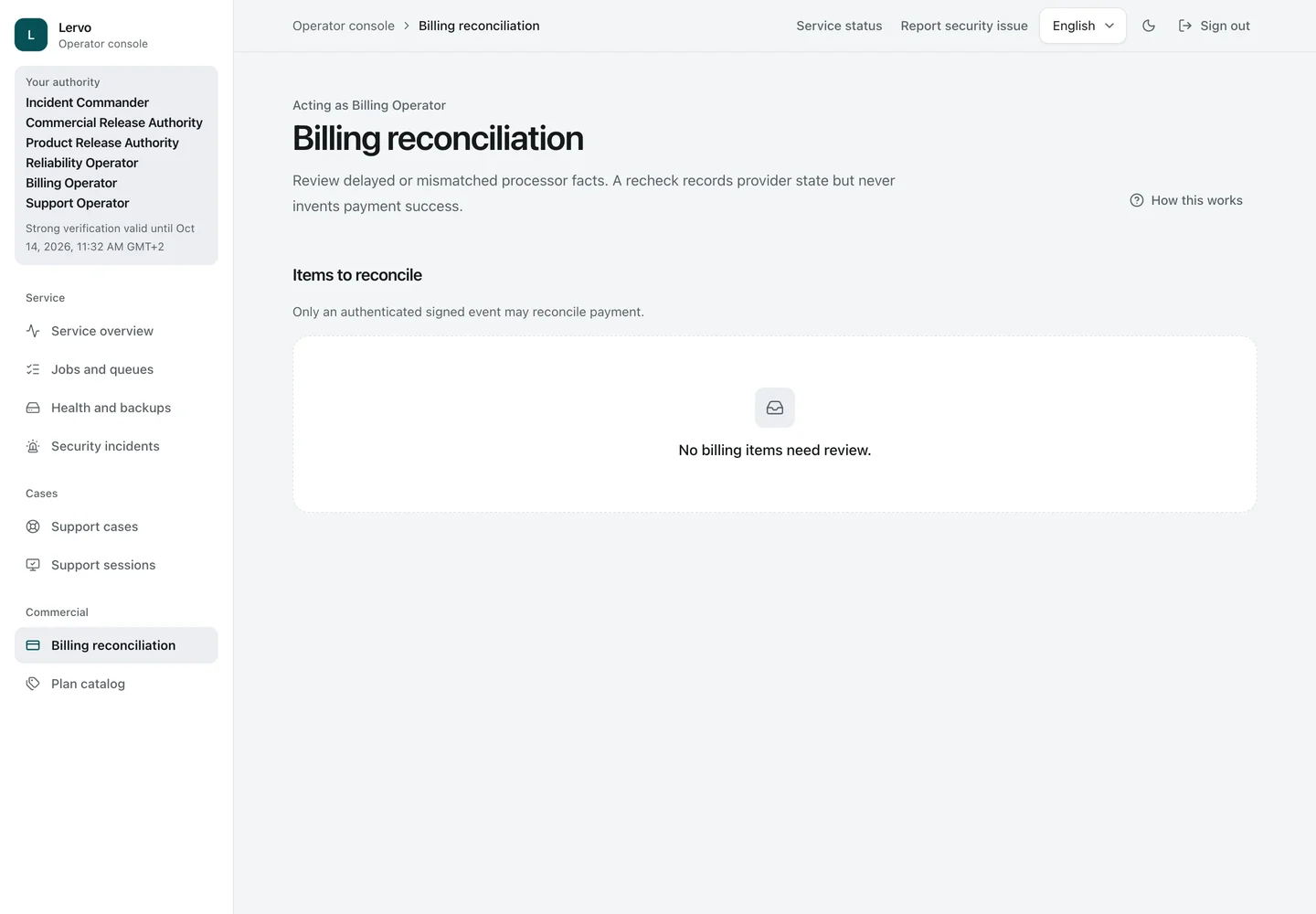 Billing reconciliation. Payment activity that needs someone to review it. Nothing needs review in the demo.