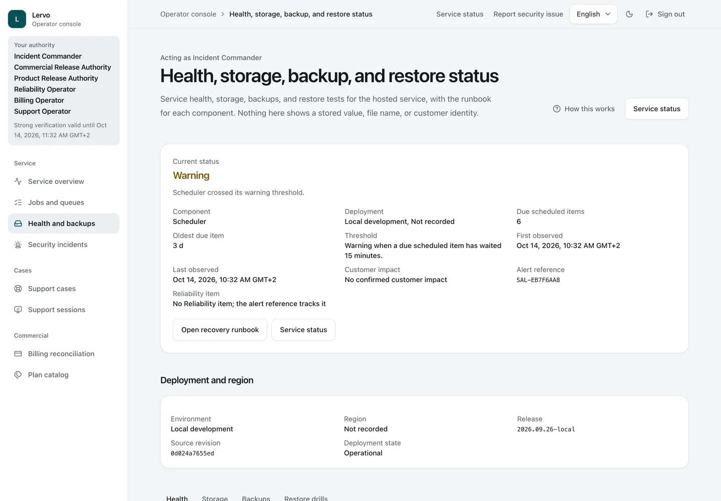 Health and backups. Health, storage, backups, and restore tests in one place, each with its operating instructions. This demo server does not run scheduled tasks, and the console reports that condition.