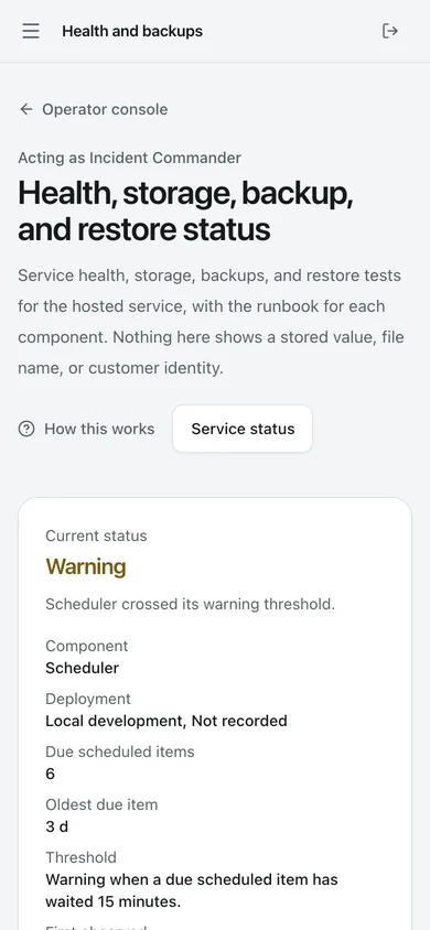 Health and backups. Health, storage, backups, and restore tests in one place, each with its operating instructions. This demo server does not run scheduled tasks, and the console reports that condition.
